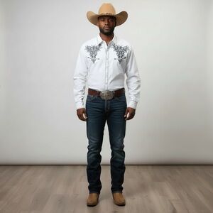 Drydales Men’s XL Western Shirt White Snap Button Tribal Owl Embroidery Cowboy